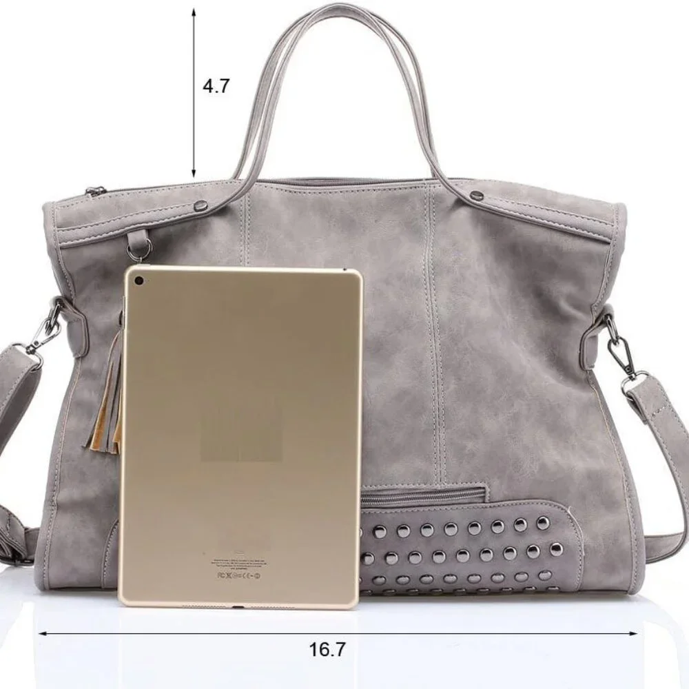Source Unknown Gray Studded Tote with Tassel Accent